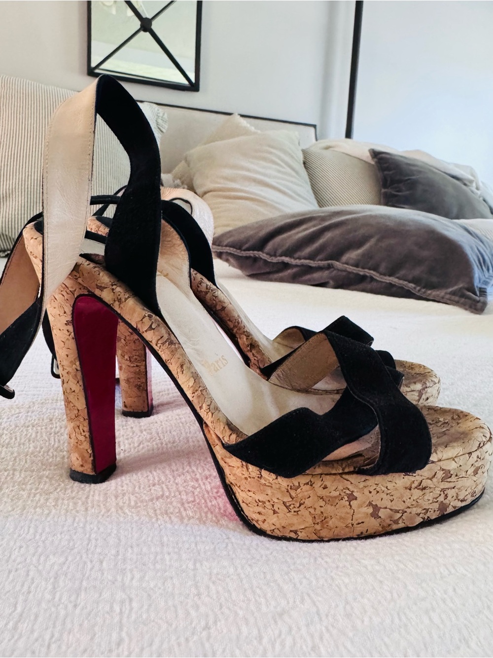 Christian Louboutin Black Suede Cork Platform Sandals with Signature Red Soles